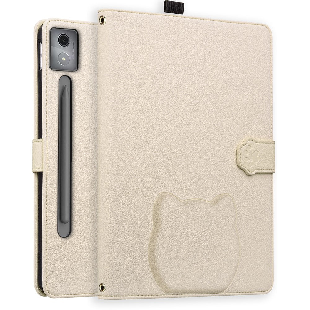 For Lenovo Xiaoxin Pad Pro 12.7 (2025) Case 3D Effect Cat Pattern Leather Stand Table Cover with Wallet, Stylus Holder - Apricot