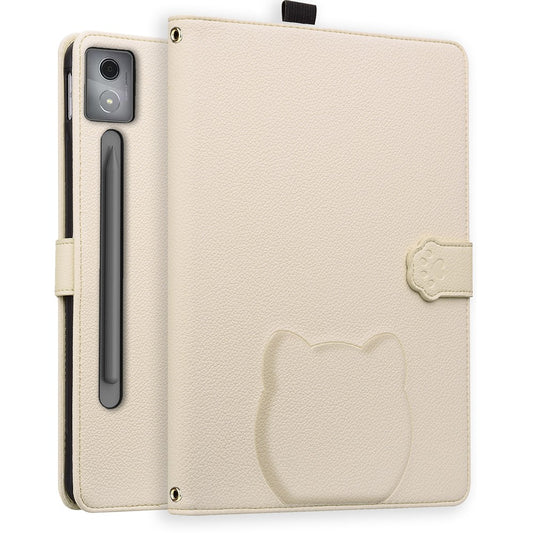 For Lenovo Xiaoxin Pad Pro 12.7 (2025) Case 3D Effect Cat Pattern Leather Stand Table Cover with Wallet, Stylus Holder - Apricot