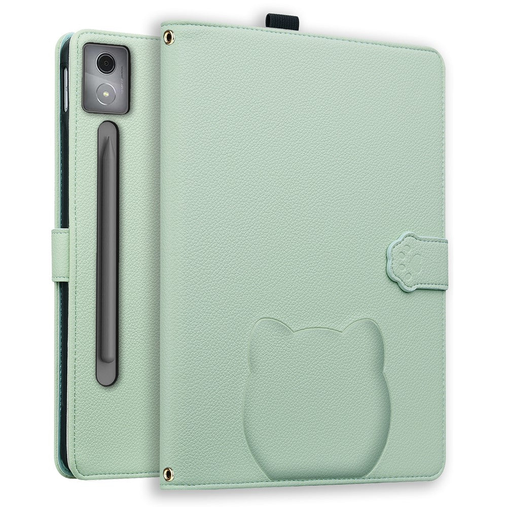 For Lenovo Xiaoxin Pad Pro 12.7 (2025) Case 3D Effect Cat Pattern Leather Stand Table Cover with Wallet, Stylus Holder - Green