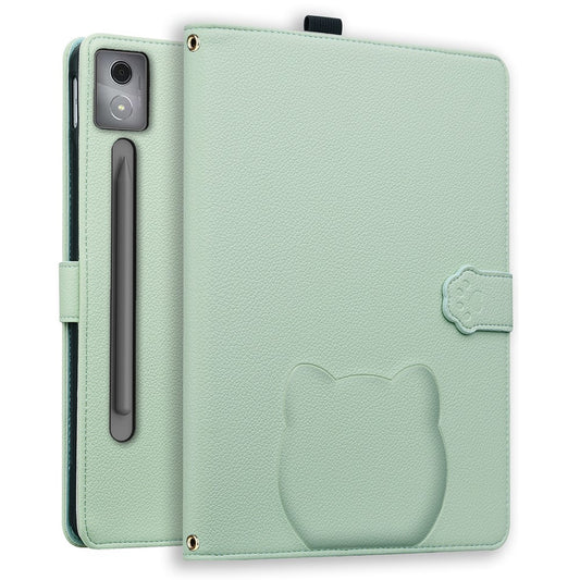 For Lenovo Xiaoxin Pad Pro 12.7 (2025) Case 3D Effect Cat Pattern Leather Stand Table Cover with Wallet, Stylus Holder - Green
