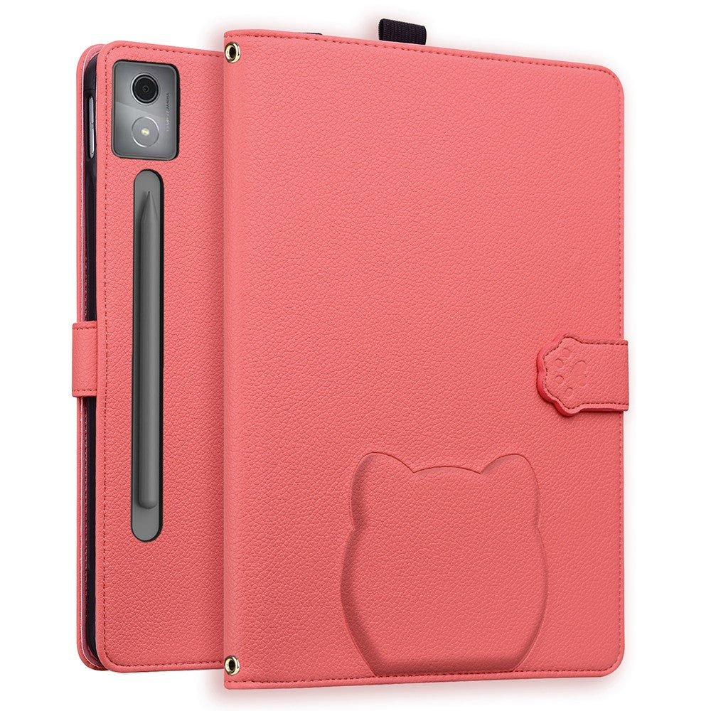 For Lenovo Xiaoxin Pad Pro 12.7 (2025) Case 3D Effect Cat Pattern Leather Stand Table Cover with Wallet, Stylus Holder - Watermelon Red