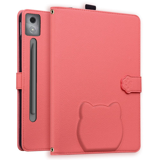 For Lenovo Xiaoxin Pad Pro 12.7 (2025) Case 3D Effect Cat Pattern Leather Stand Table Cover with Wallet, Stylus Holder - Watermelon Red