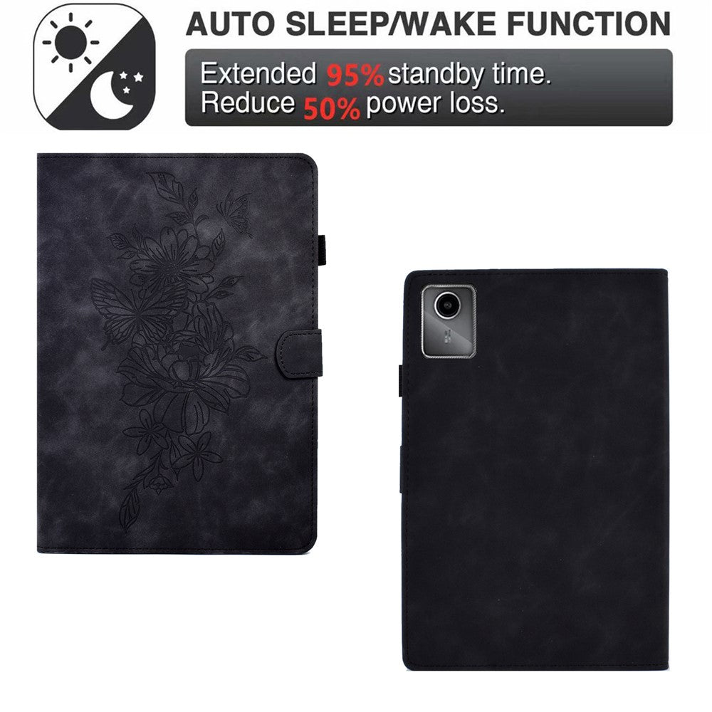 For Lenovo Xiaoxin Pad 11 2025 Case Flower Butterfly Imprinted Card Slots Leather Cover - Black