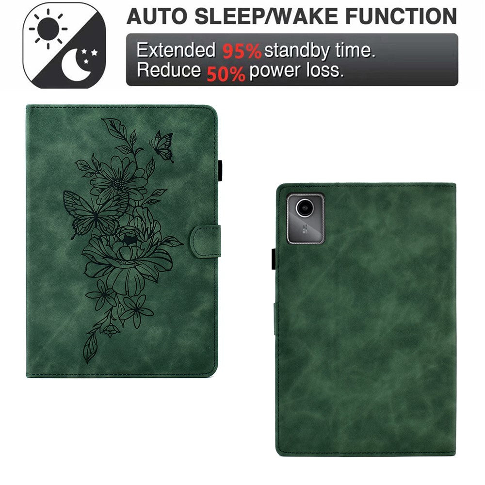 For Lenovo Xiaoxin Pad 11 2025 Case Flower Butterfly Imprinted Card Slots Leather Cover - Green