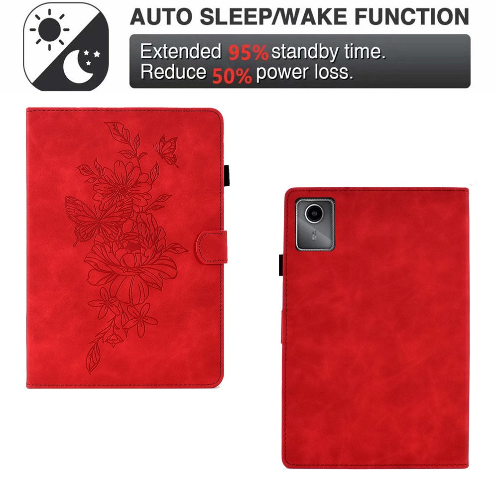 For Lenovo Xiaoxin Pad 11 2025 Case Flower Butterfly Imprinted Card Slots Leather Cover - Red