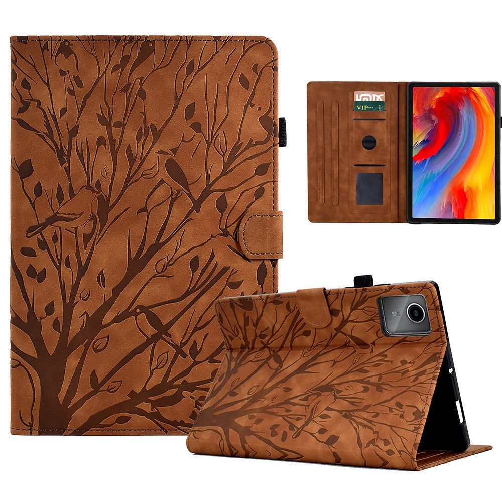 For Lenovo Xiaoxin Pad 11 2025 Leather Case Tree Pattern Card Slots Stand Cover - Brown