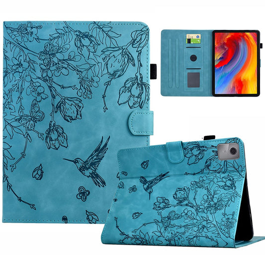 For Lenovo Xiaoxin Pad 11 2025 Case Flower Bird Imprinted Card Holder Leather Tablet Cover - Baby Blue