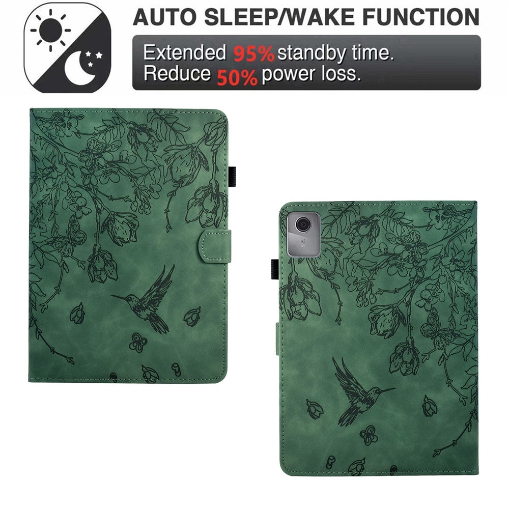 For Lenovo Xiaoxin Pad 11 2025 Case Flower Bird Imprinted Card Holder Leather Tablet Cover - Green