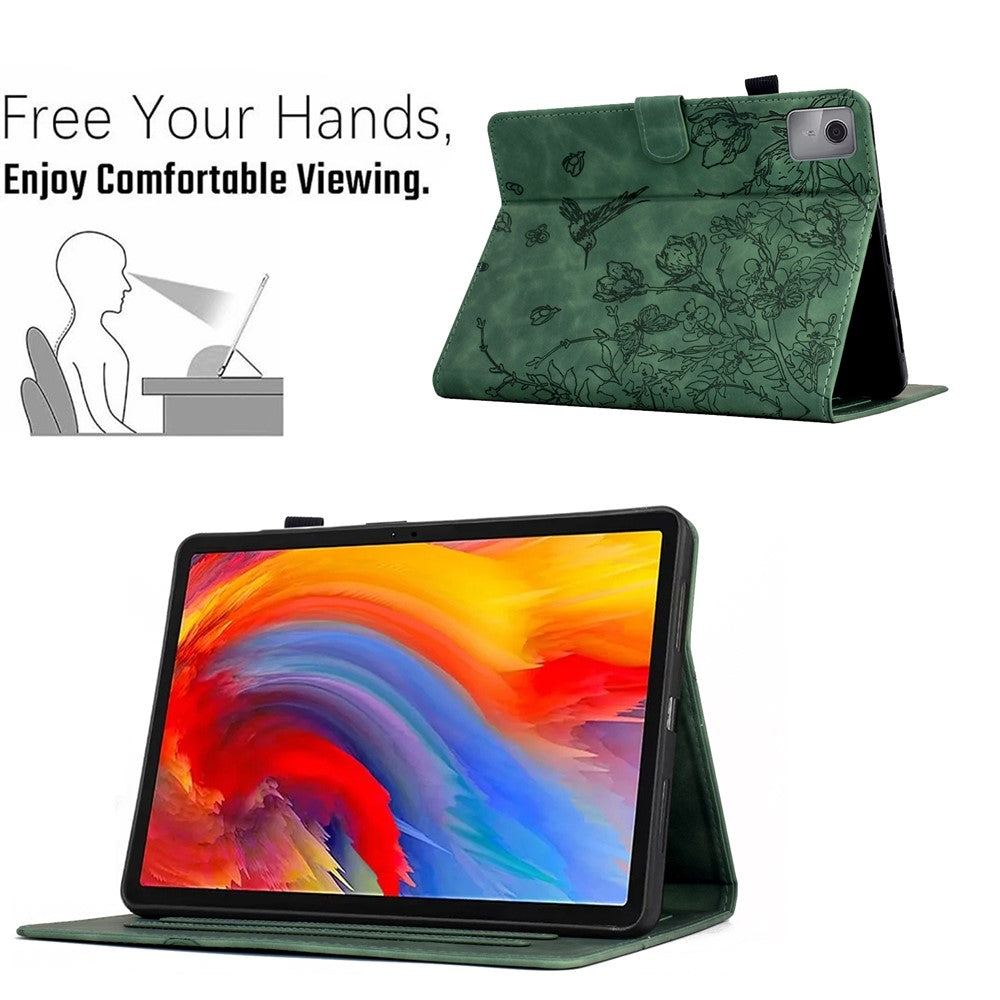 For Lenovo Xiaoxin Pad 11 2025 Case Flower Bird Imprinted Card Holder Leather Tablet Cover - Green