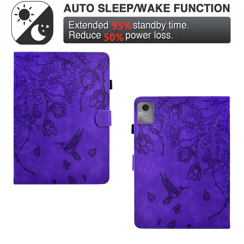 For Lenovo Xiaoxin Pad 11 2025 Case Flower Bird Imprinted Card Holder Leather Tablet Cover - Purple