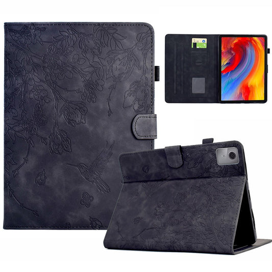 For Lenovo Xiaoxin Pad 11 2025 Case Flower Bird Imprinted Card Holder Leather Tablet Cover - Black