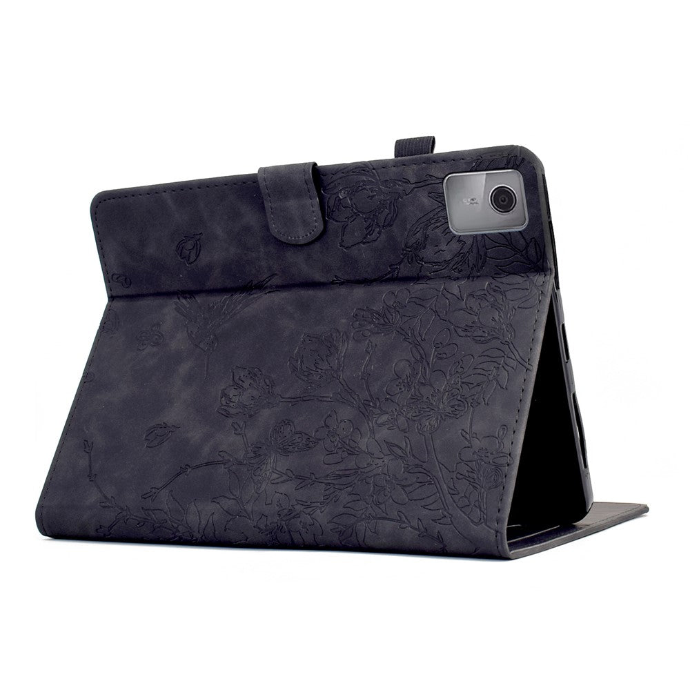 For Lenovo Xiaoxin Pad 11 2025 Case Flower Bird Imprinted Card Holder Leather Tablet Cover - Black