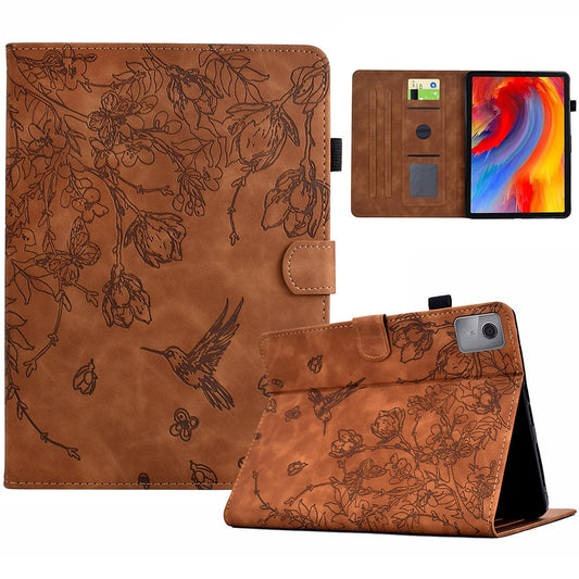 For Lenovo Xiaoxin Pad 11 2025 Case Flower Bird Imprinted Card Holder Leather Tablet Cover - Brown