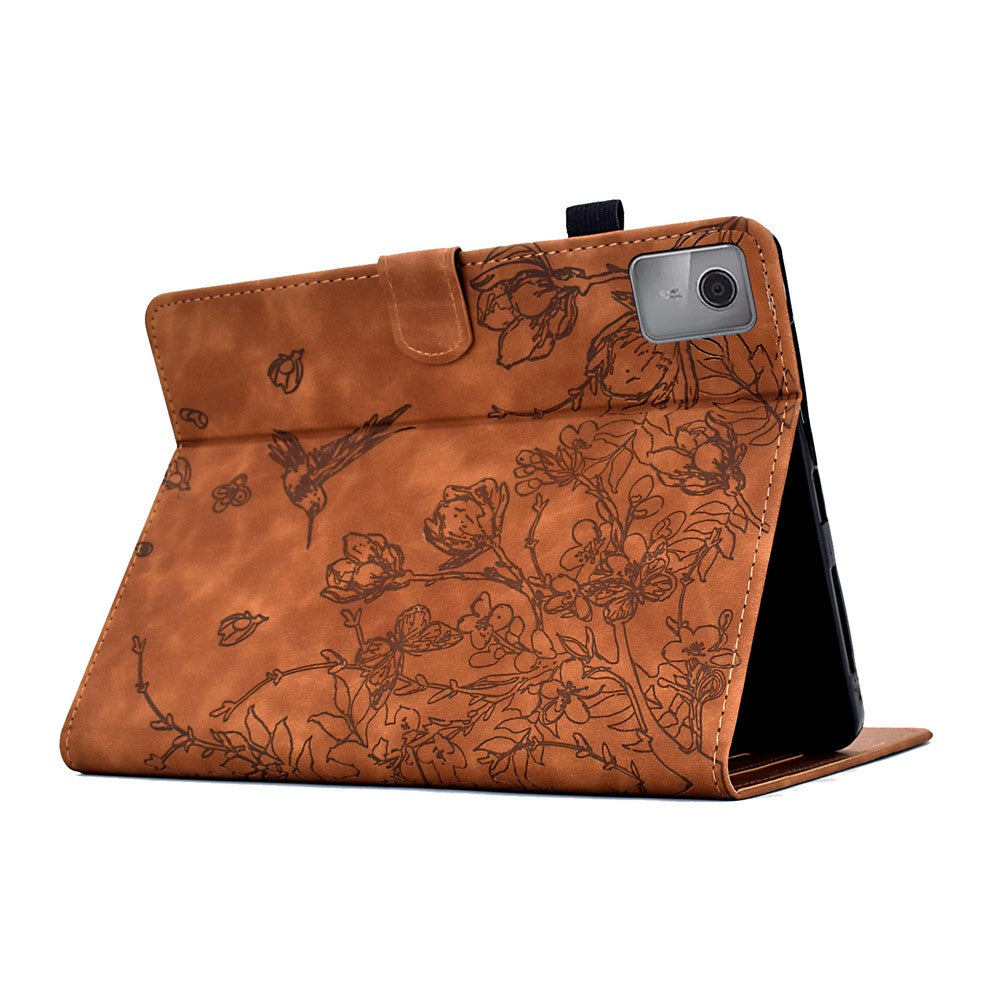 For Lenovo Xiaoxin Pad 11 2025 Case Flower Bird Imprinted Card Holder Leather Tablet Cover - Brown