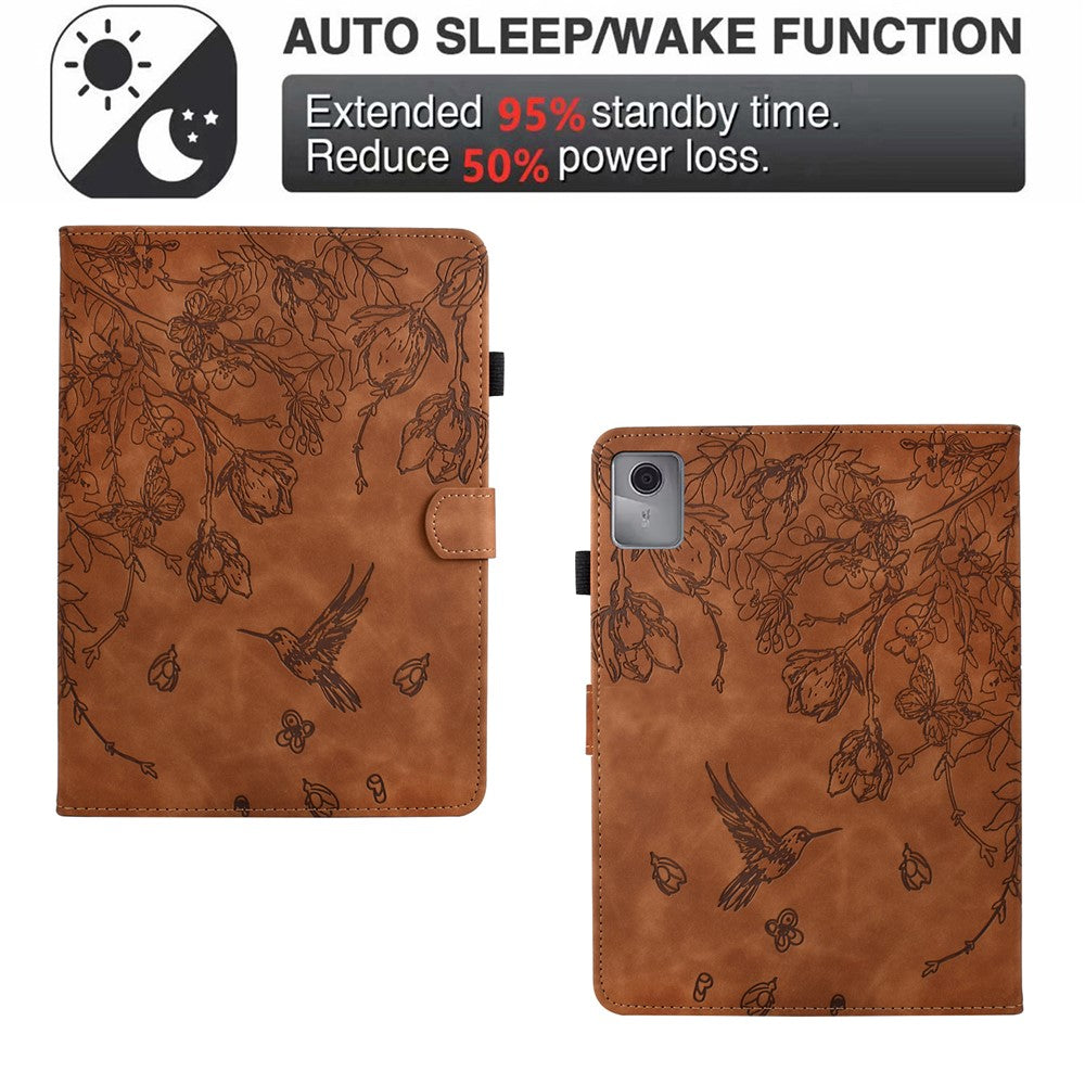 For Lenovo Xiaoxin Pad 11 2025 Case Flower Bird Imprinted Card Holder Leather Tablet Cover - Brown