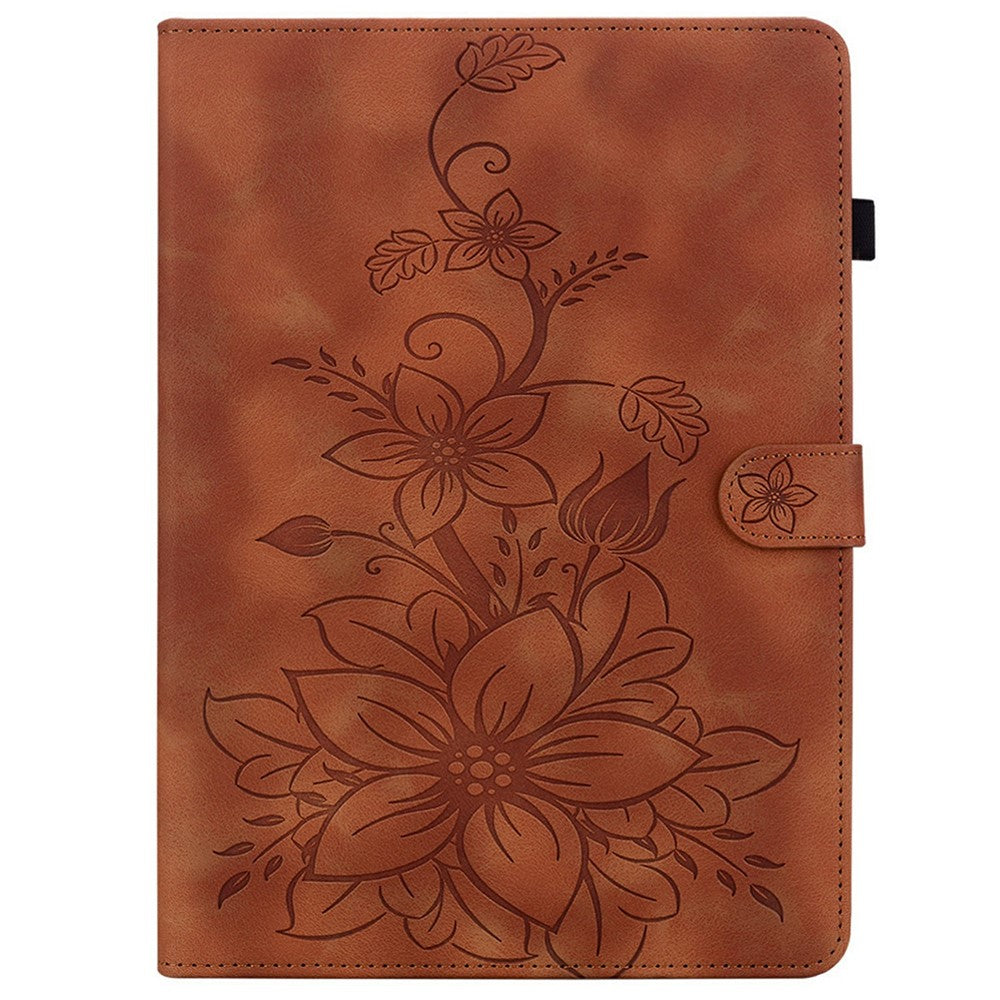 For Lenovo Tab K9 Case Lily Flower Imprint Card Slots Leather Tablet Cover - Brown