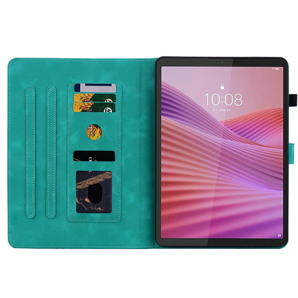 For Lenovo Tab K9 Case Lily Flower Imprint Card Slots Leather Tablet Cover - Green