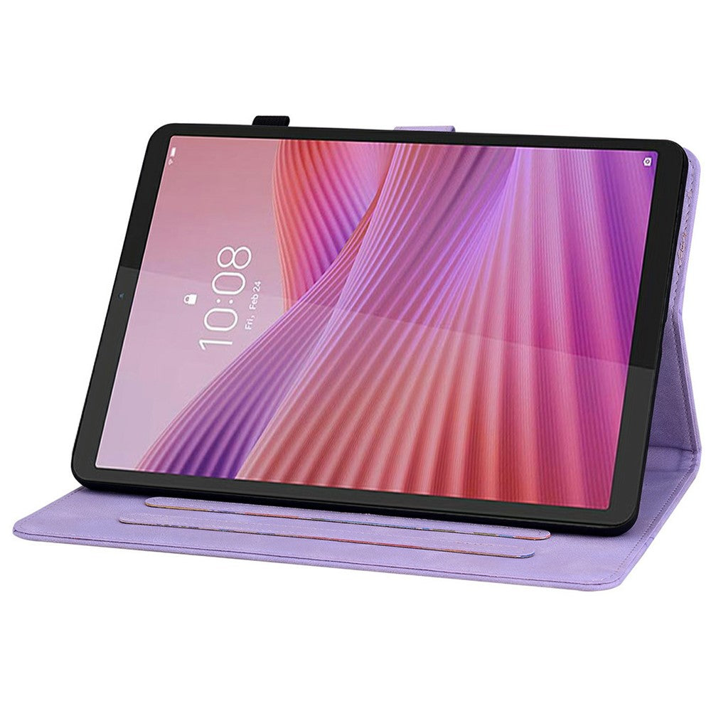 For Lenovo Tab K9 Case Lily Flower Imprint Card Slots Leather Tablet Cover - Purple