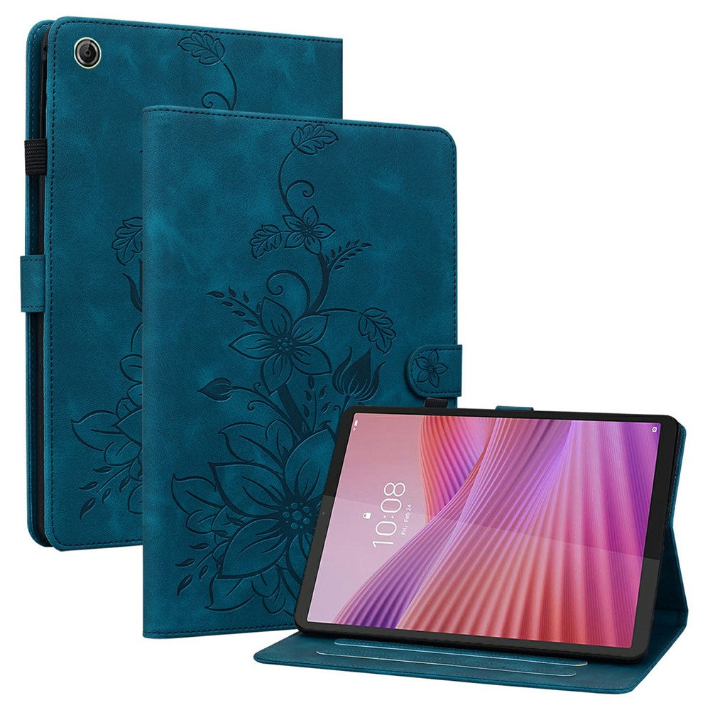 For Lenovo Tab K9 Case Lily Flower Imprint Card Slots Leather Tablet Cover - Blue