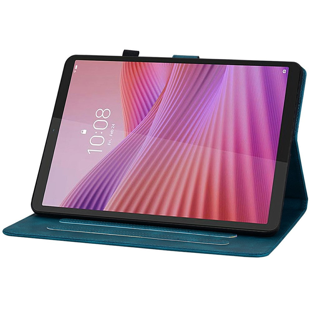For Lenovo Tab K9 Case Lily Flower Imprint Card Slots Leather Tablet Cover - Blue