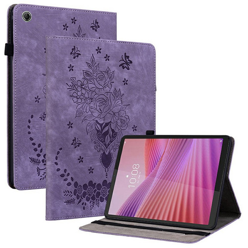 For Lenovo Tab K9 Case Card Holder Anti-Scratch Leather Cover Rose Flower Imprint - Purple