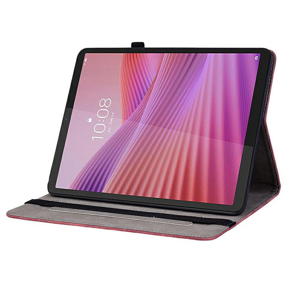 For Lenovo Tab K9 Case Card Holder Anti-Scratch Leather Cover Rose Flower Imprint - Red