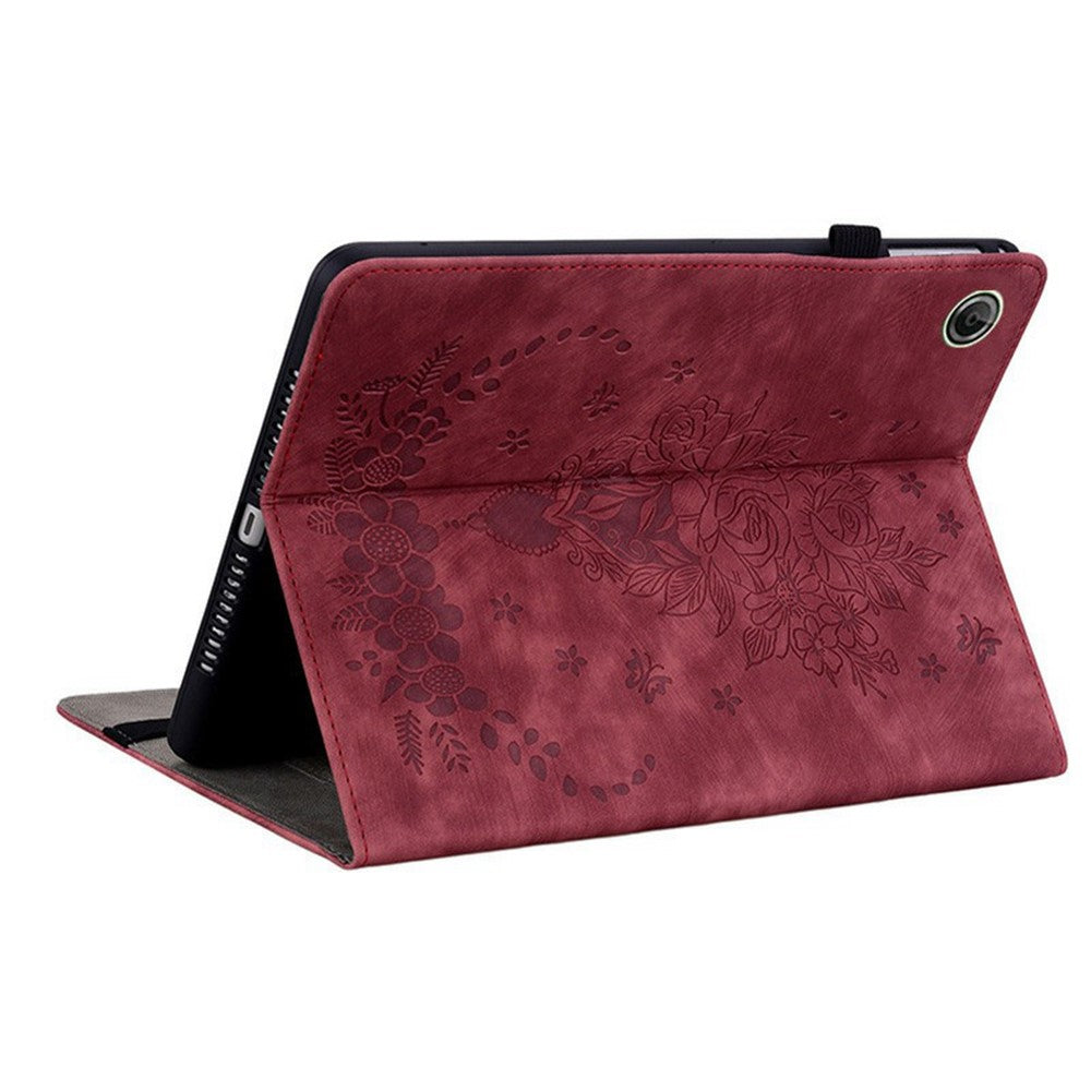 For Lenovo Tab K9 Case Card Holder Anti-Scratch Leather Cover Rose Flower Imprint - Red