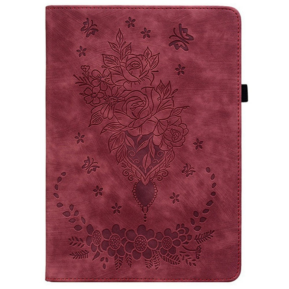 For Lenovo Tab K9 Case Card Holder Anti-Scratch Leather Cover Rose Flower Imprint - Red