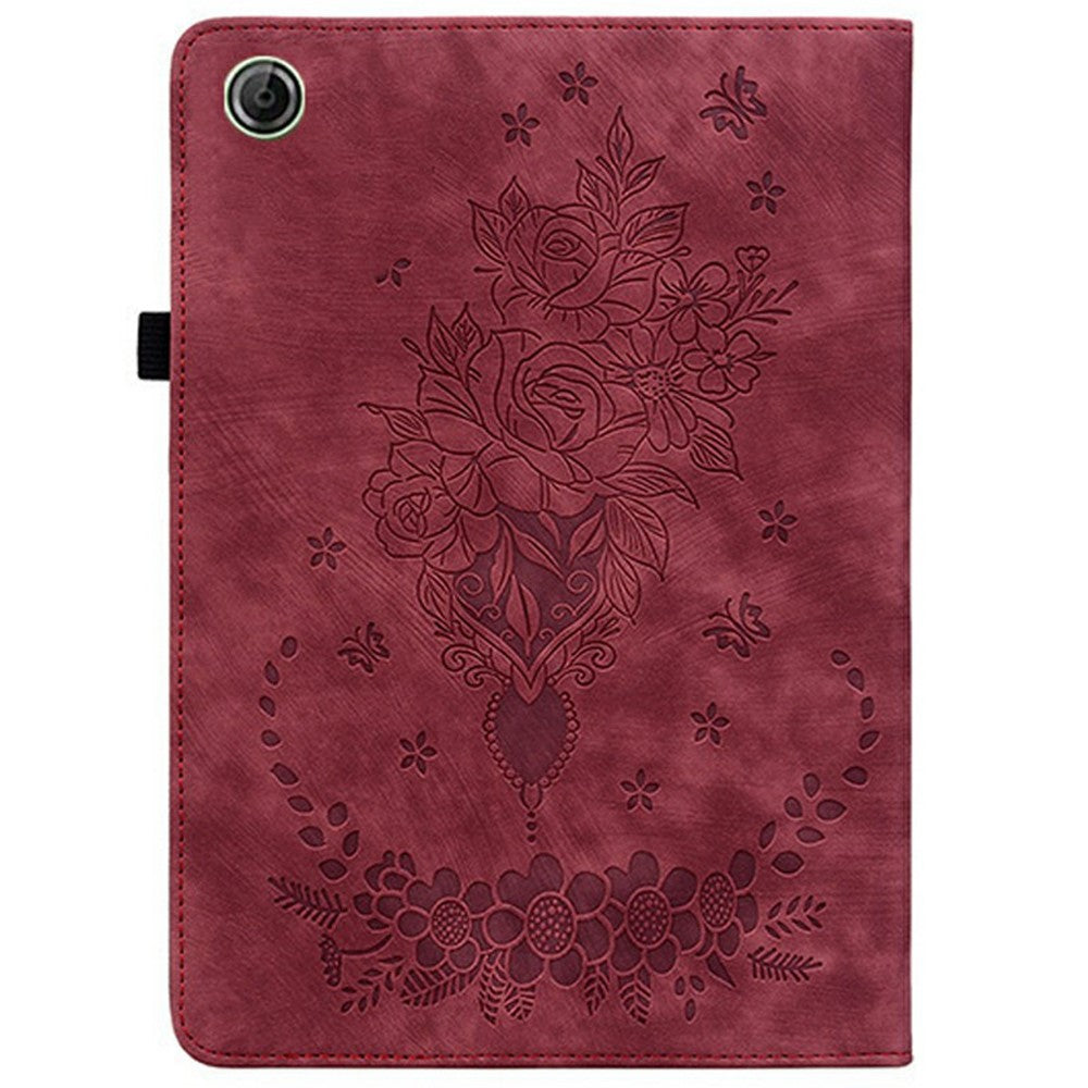 For Lenovo Tab K9 Case Card Holder Anti-Scratch Leather Cover Rose Flower Imprint - Red