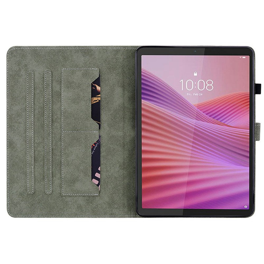 For Lenovo Tab K9 Case Card Holder Anti-Scratch Leather Cover Rose Flower Imprint - Green