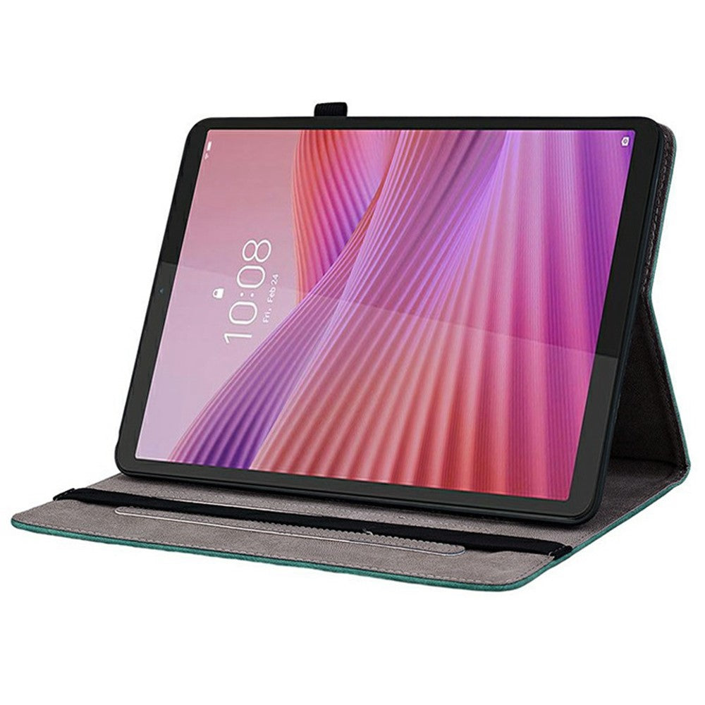 For Lenovo Tab K9 Case Card Holder Anti-Scratch Leather Cover Rose Flower Imprint - Green