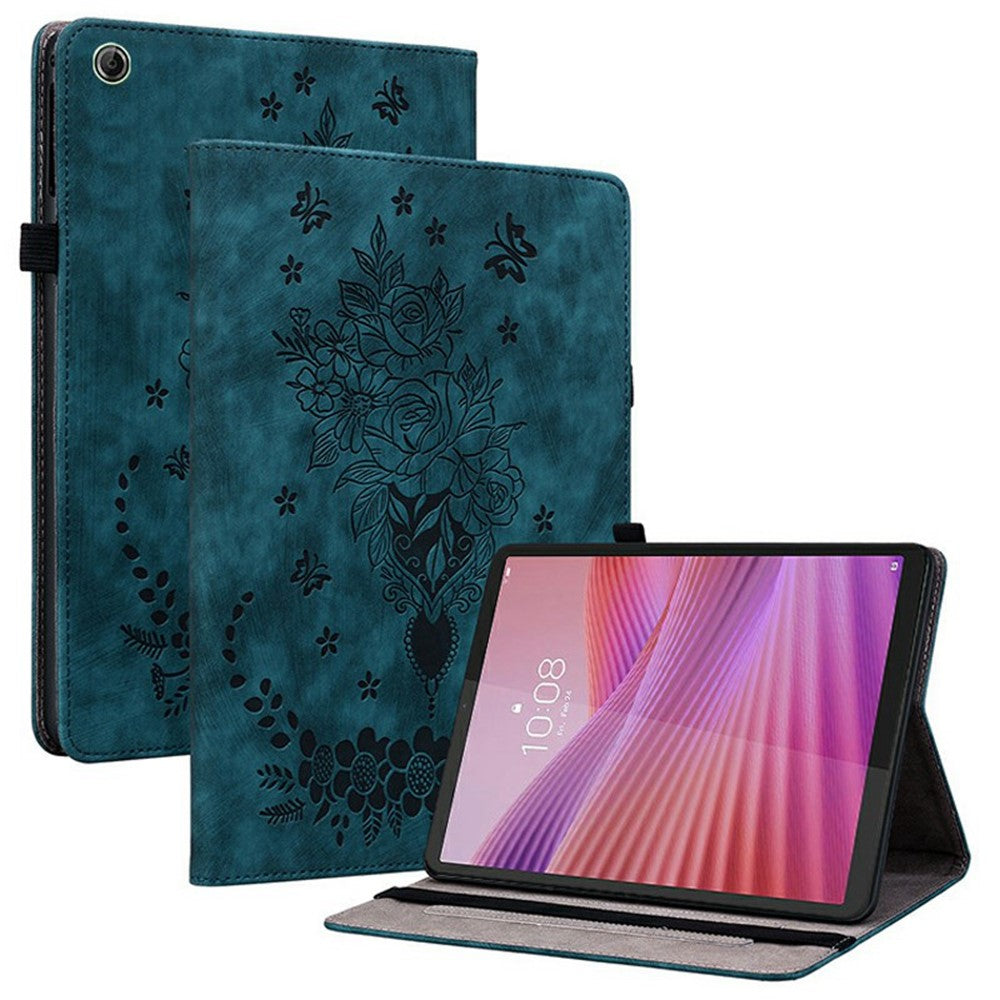 For Lenovo Tab K9 Case Card Holder Anti-Scratch Leather Cover Rose Flower Imprint - Blue