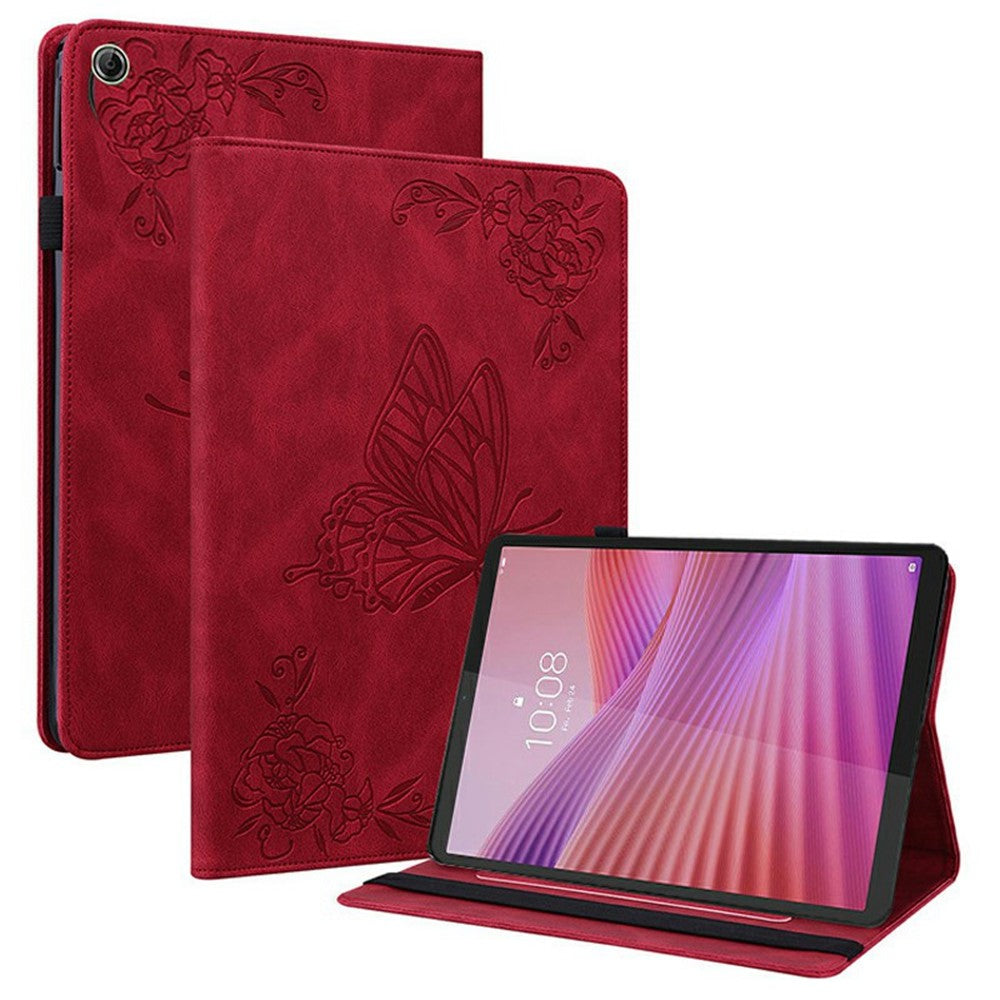 For Lenovo Tab K9 Case Butterfly Flower Imprint PU Leather Tablet Cover with Card Slots - Red