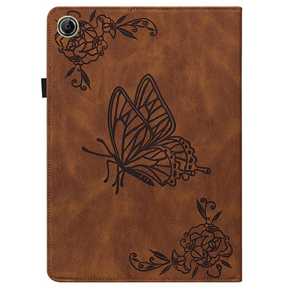 For Lenovo Tab K9 Case Butterfly Flower Imprint PU Leather Tablet Cover with Card Slots - Brown