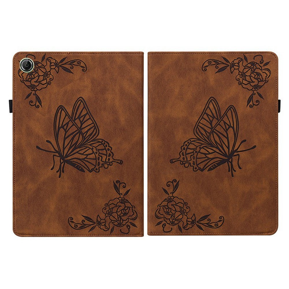 For Lenovo Tab K9 Case Butterfly Flower Imprint PU Leather Tablet Cover with Card Slots - Brown