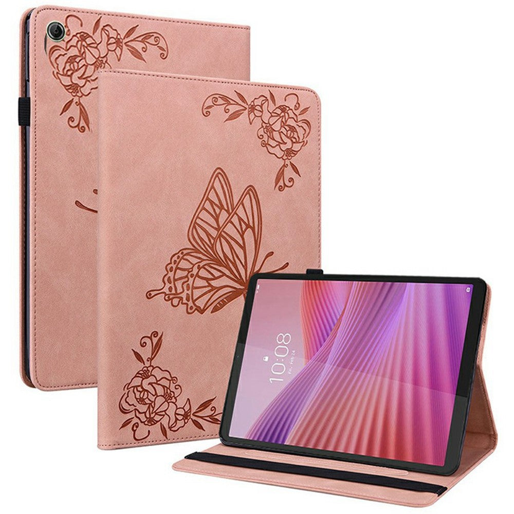 For Lenovo Tab K9 Case Butterfly Flower Imprint PU Leather Tablet Cover with Card Slots - Pink