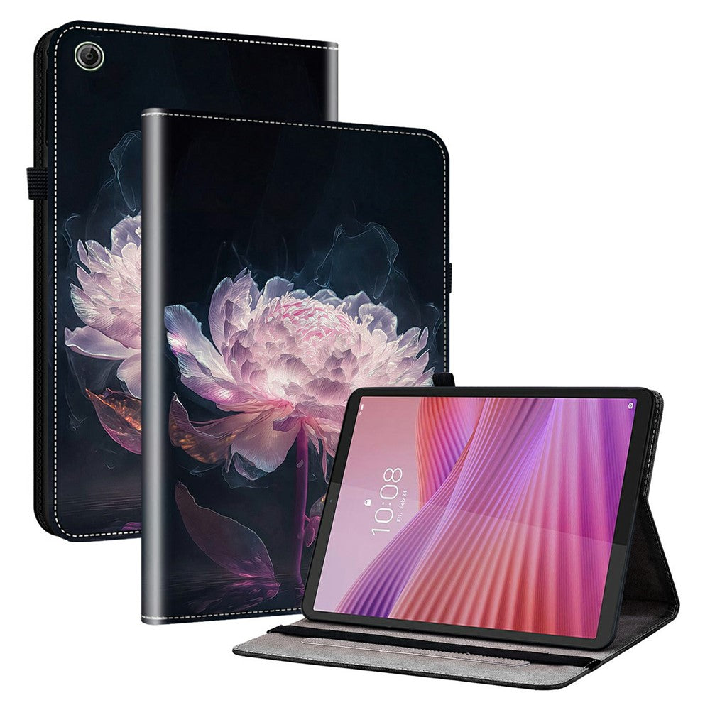 For Lenovo Tab K9 Leather Case Pattern Printed Stand Tablet Cover with Card Slots - Purple Peony