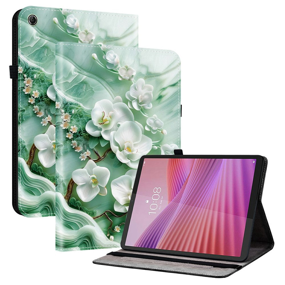For Lenovo Tab K9 Leather Case Pattern Printed Stand Tablet Cover with Card Slots - Jade Flower