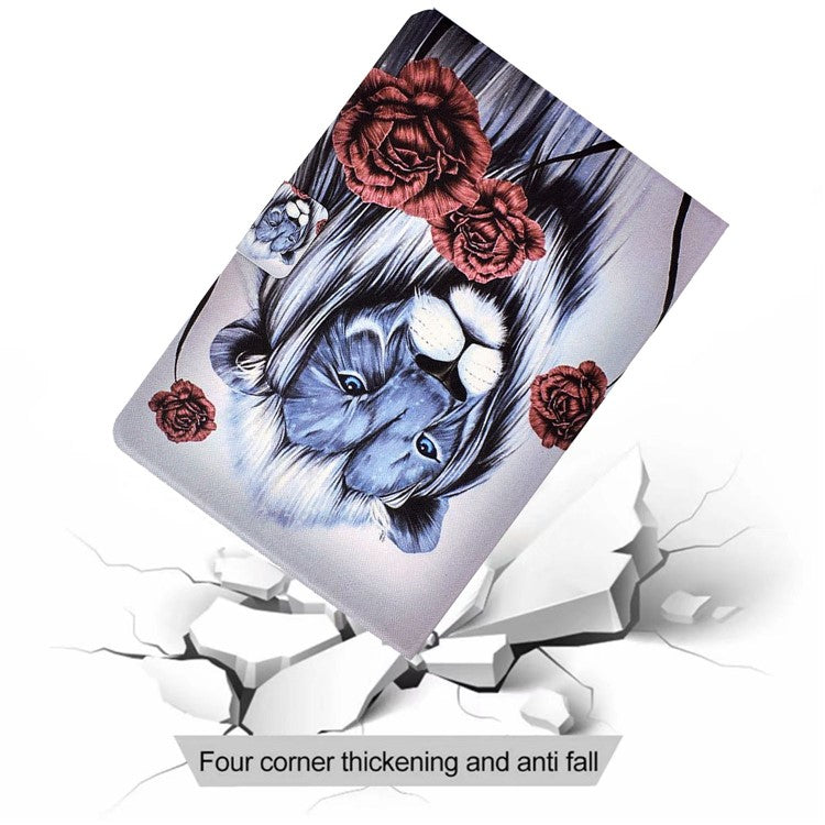 For Samsung Galaxy Tab A8 10.5 (2021) SM-X200 / X205 / Tab A8 10.5 (2022) Anti-drop Magnetic Pattern Printing Cover Folio Flip Auto Wake / Sleep PU Leather Stand Case with Card Slots - Rose / Lion