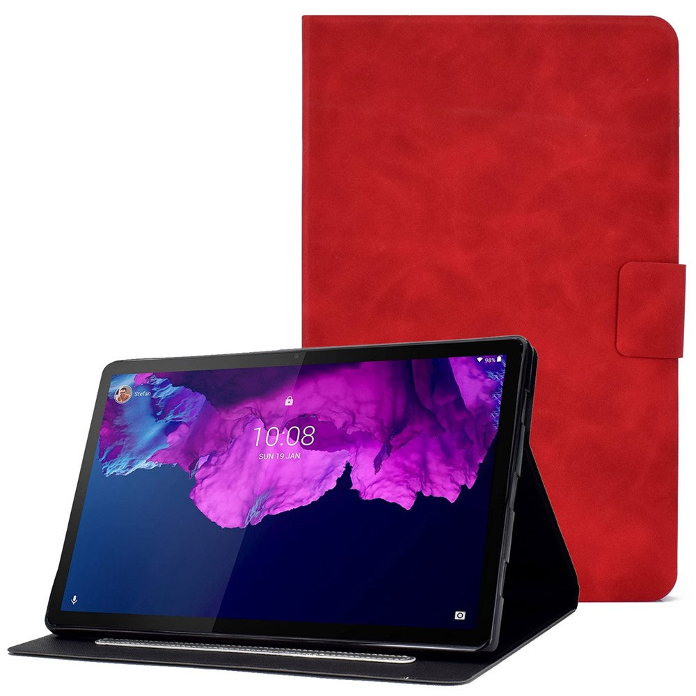 For Lenovo Tab P11 TB-J606F / Tab P11 5G Card Holder Design Folio Flip Calf Textured Leather Tablet Case Magnetic Shockproof Cover with Stand - Red
