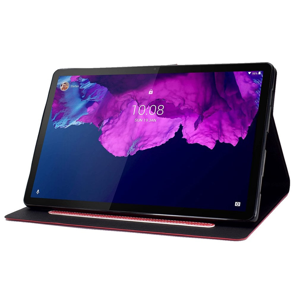 For Lenovo Tab P11 TB-J606F / Tab P11 5G Card Holder Design Folio Flip Calf Textured Leather Tablet Case Magnetic Shockproof Cover with Stand - Red