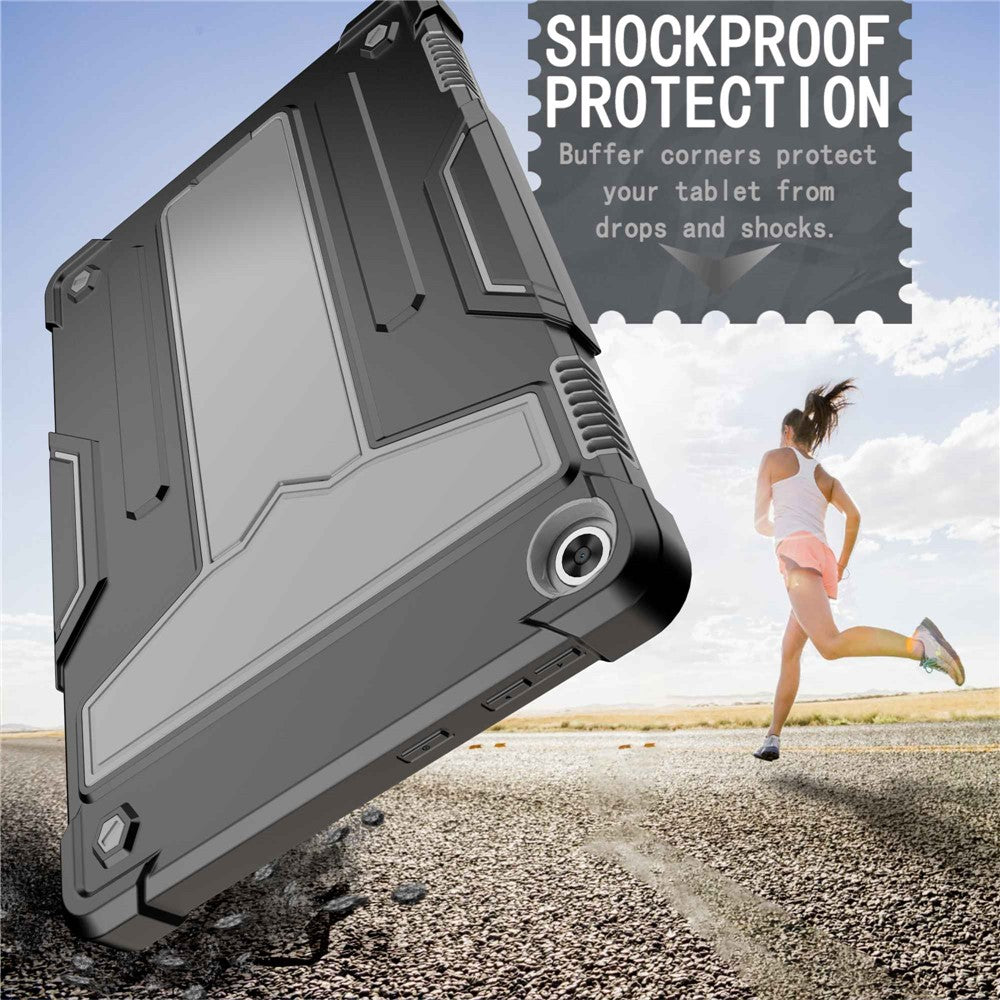 For Lenovo Tab M10 (Gen 3) TB-328FU / TB-328XU Protective Case T-Shaped Kickstand Shockproof PC + Silicone Tablet Cover - Black / Grey