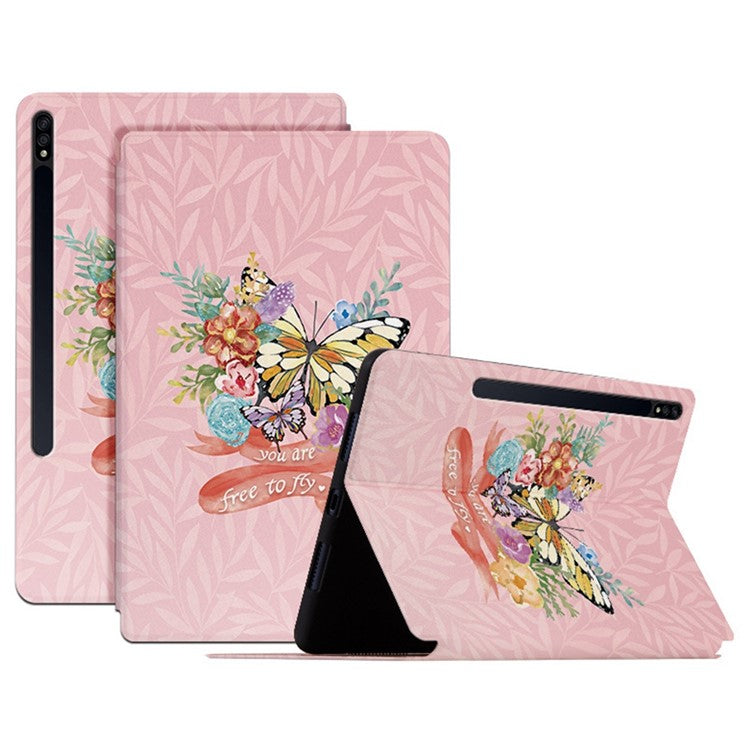 For Samsung Galaxy Tab S7 / Tab S8 Anti-drop Folio Flip Cover Butterfly Printed PU Leather Tablet Case Auto Wake / Sleep Stand Case - Flower Bush Butterfly