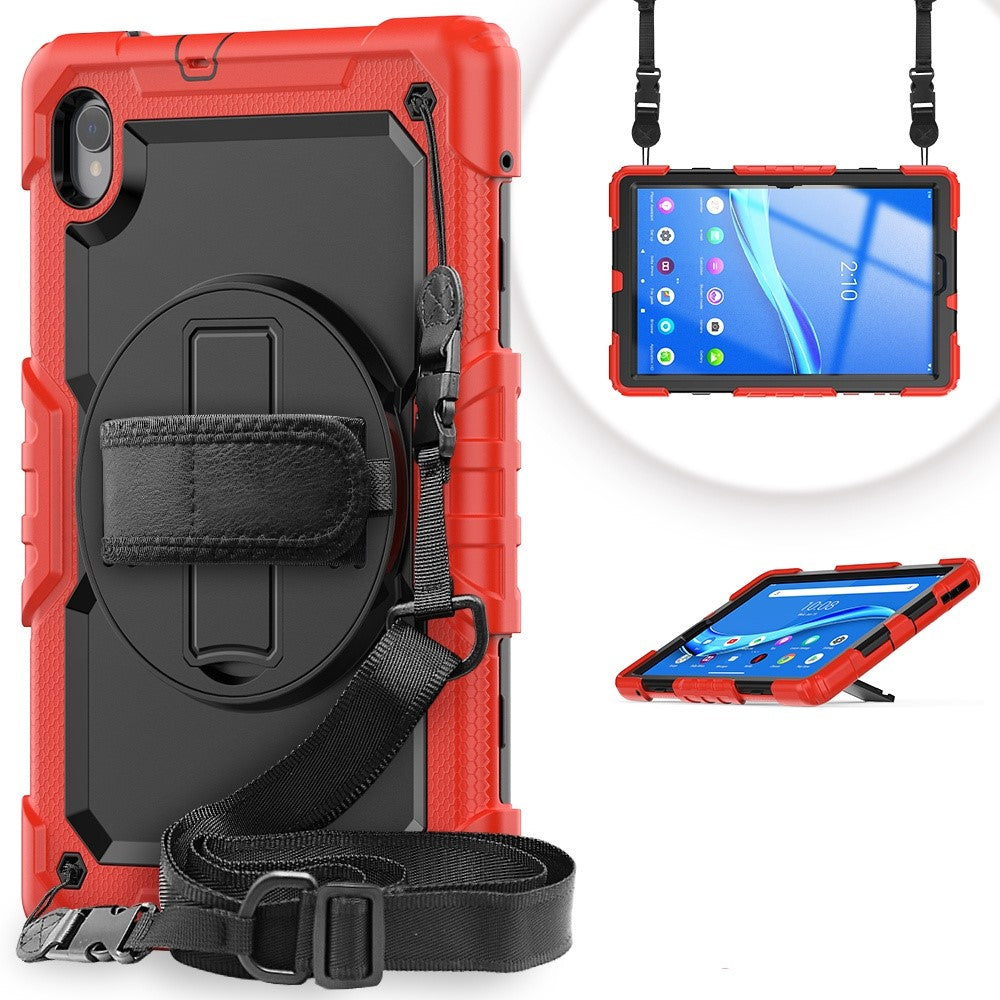 For Lenovo M10 Plus / Smart Tab M10 FHD Plus Silicone+PC Tablet Case Hand Strap Kickstand Shockproof Cover with Shoulder Strap - Red
