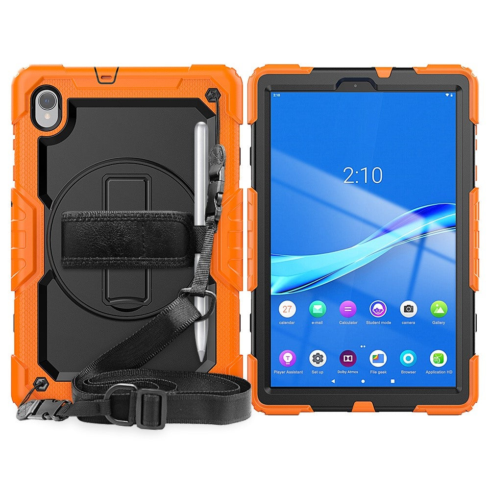 For Lenovo M10 Plus / Smart Tab M10 FHD Plus Silicone+PC Tablet Case Hand Strap Kickstand Shockproof Cover with Shoulder Strap - Orange