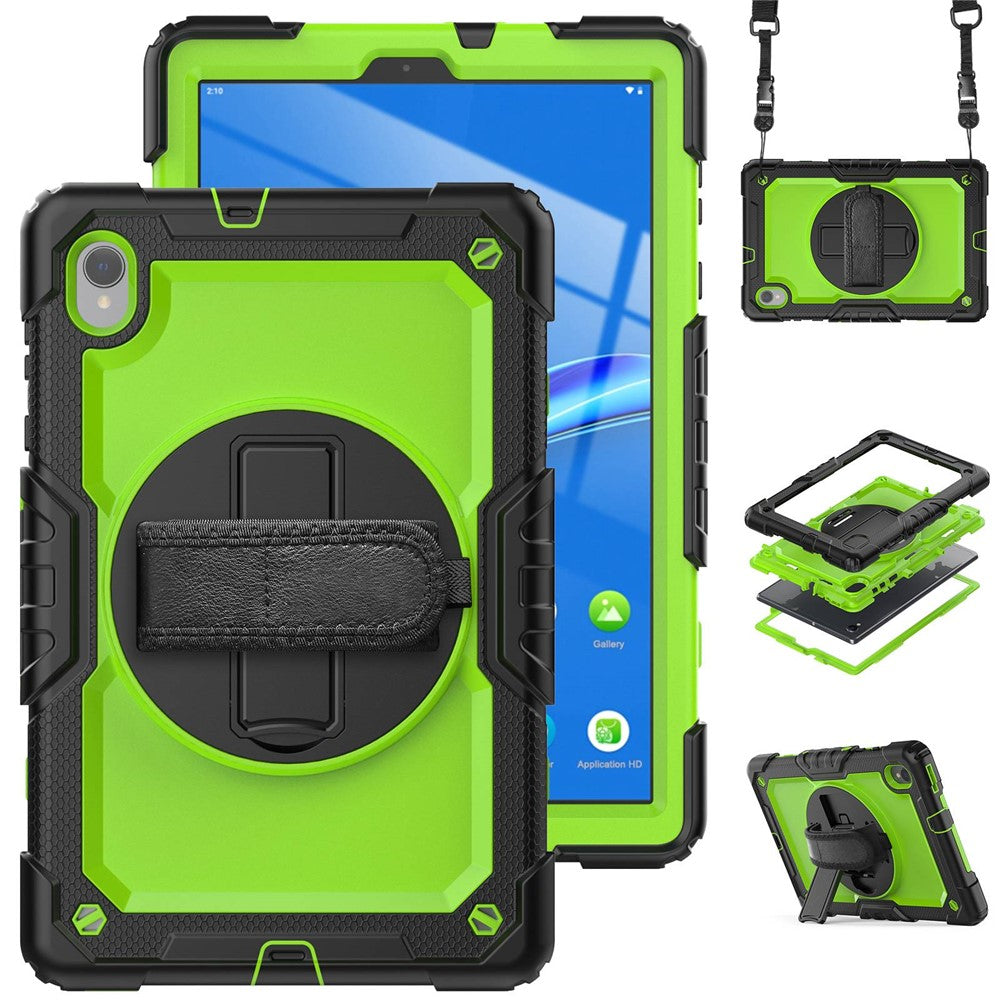 For Lenovo M10 Plus / Smart Tab M10 FHD Plus Silicone+PC Tablet Case Hand Strap Kickstand Shockproof Cover with Shoulder Strap - Yellowgreen PC / Black