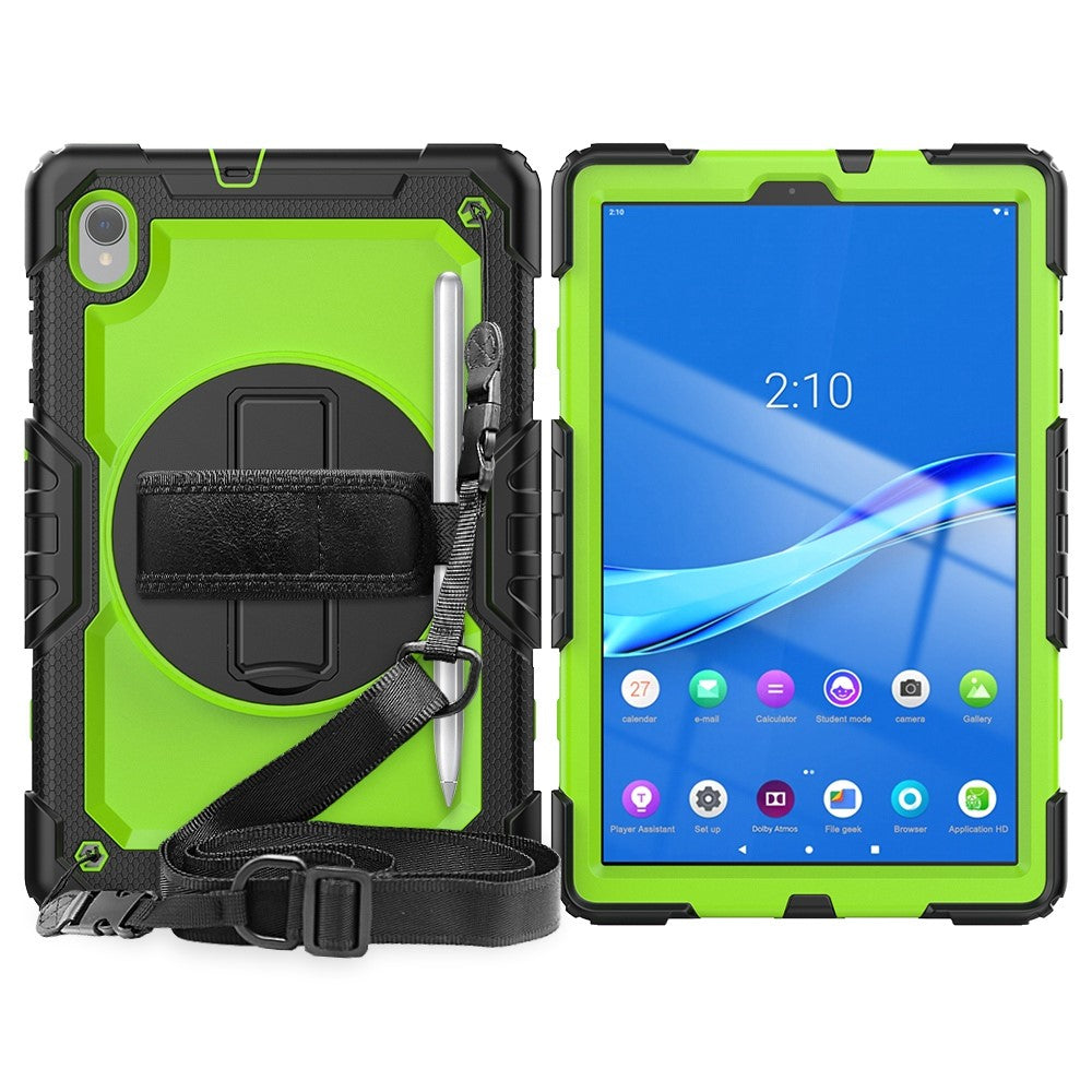 For Lenovo M10 Plus / Smart Tab M10 FHD Plus Silicone+PC Tablet Case Hand Strap Kickstand Shockproof Cover with Shoulder Strap - Yellowgreen PC / Black