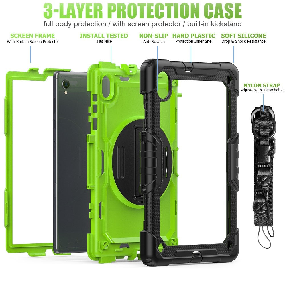 For Lenovo M10 Plus / Smart Tab M10 FHD Plus Silicone+PC Tablet Case Hand Strap Kickstand Shockproof Cover with Shoulder Strap - Yellowgreen PC / Black