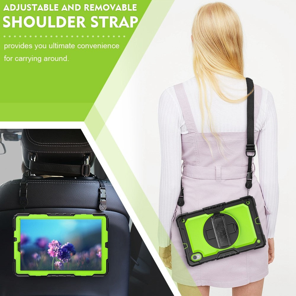 For Lenovo M10 Plus / Smart Tab M10 FHD Plus Silicone+PC Tablet Case Hand Strap Kickstand Shockproof Cover with Shoulder Strap - Yellowgreen PC / Black