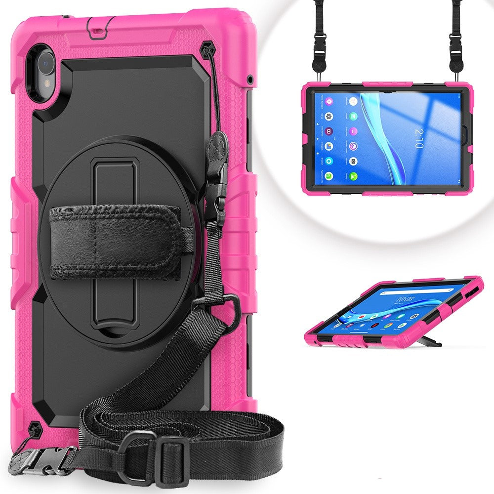 For Lenovo M10 Plus / Smart Tab M10 FHD Plus Silicone+PC Tablet Case Hand Strap Kickstand Shockproof Cover with Shoulder Strap - Rose